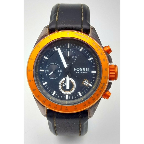 2095 - A Fossil Quartz Chronograph Gents Watch. Black rubber strap. Case - 46mm. Black dial with three sub ... 