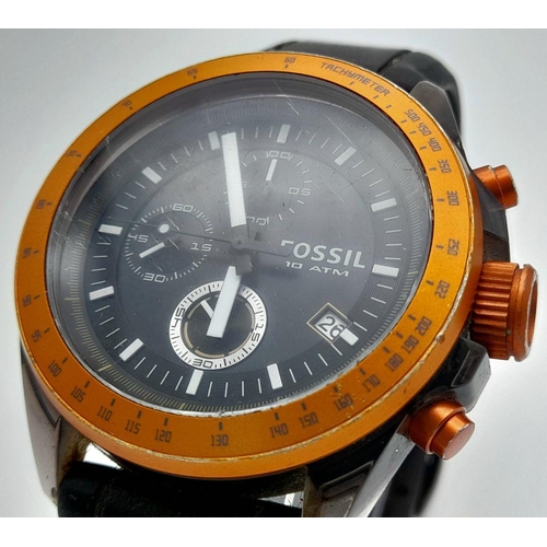 2095 - A Fossil Quartz Chronograph Gents Watch. Black rubber strap. Case - 46mm. Black dial with three sub ... 