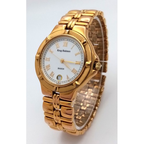 1577 - A Krug and Baumen Gold Plated Quartz Watch. Gold plated bracelet and case - 36mm. White dial with da... 