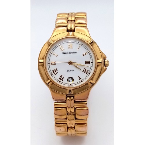 1577 - A Krug and Baumen Gold Plated Quartz Watch. Gold plated bracelet and case - 36mm. White dial with da... 