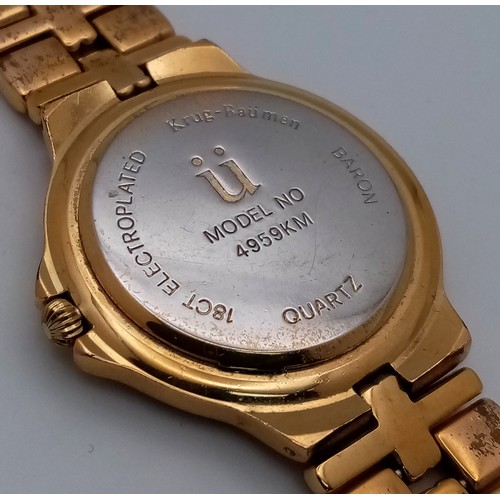 1577 - A Krug and Baumen Gold Plated Quartz Watch. Gold plated bracelet and case - 36mm. White dial with da... 