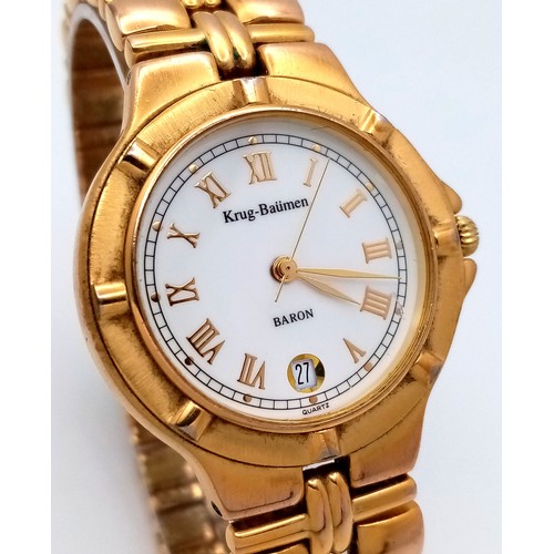 1577 - A Krug and Baumen Gold Plated Quartz Watch. Gold plated bracelet and case - 36mm. White dial with da... 