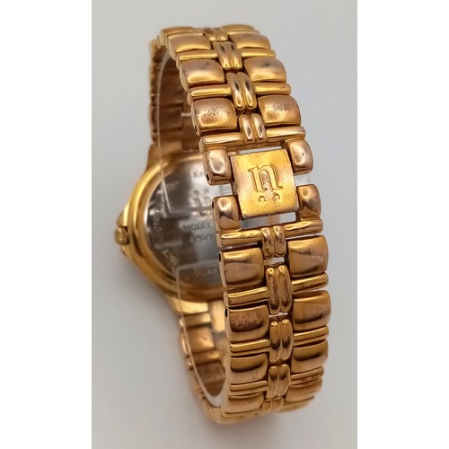 1577 - A Krug and Baumen Gold Plated Quartz Watch. Gold plated bracelet and case - 36mm. White dial with da... 