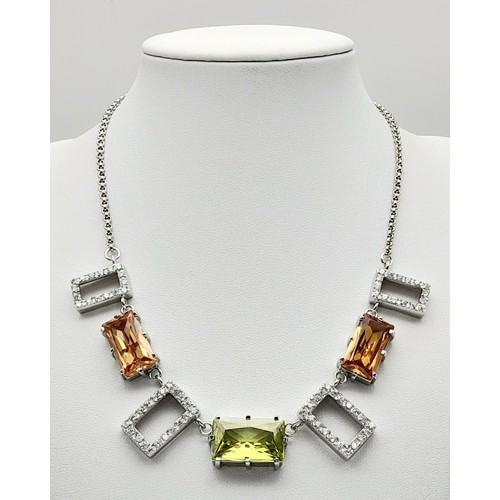 1029 - SILVER NECKLACE set with CITRINE and MORGANITE COLOURED QUARTZ GEMSTONES. Silver Belcher Link Neckla... 