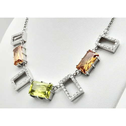 1029 - SILVER NECKLACE set with CITRINE and MORGANITE COLOURED QUARTZ GEMSTONES. Silver Belcher Link Neckla... 