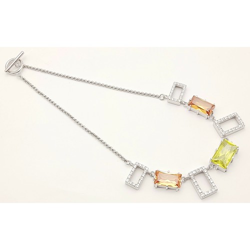 1029 - SILVER NECKLACE set with CITRINE and MORGANITE COLOURED QUARTZ GEMSTONES. Silver Belcher Link Neckla... 