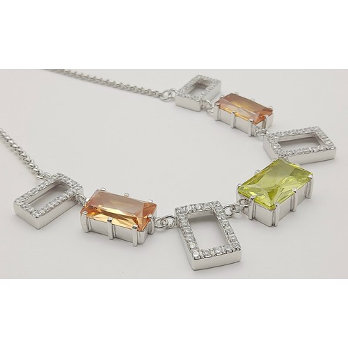 1029 - SILVER NECKLACE set with CITRINE and MORGANITE COLOURED QUARTZ GEMSTONES. Silver Belcher Link Neckla... 