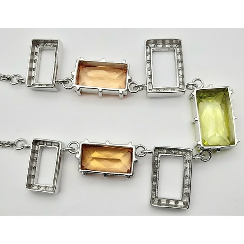 1029 - SILVER NECKLACE set with CITRINE and MORGANITE COLOURED QUARTZ GEMSTONES. Silver Belcher Link Neckla... 