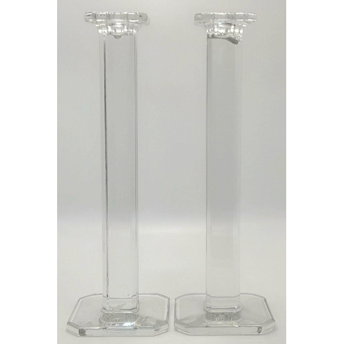 2103 - A Pair of Jasper Conran Stuart Crystal Glass Candlesticks. 30cm tall.