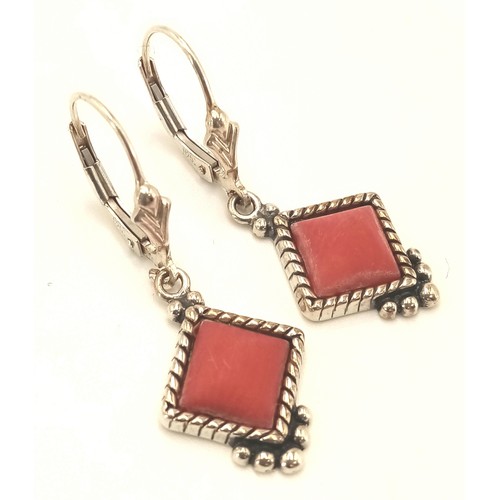 1295 - A Vintage Native American Sterling Silver Coral Set, Secure Fit, Earrings. 1.2cm Wide. Makers stamp ... 