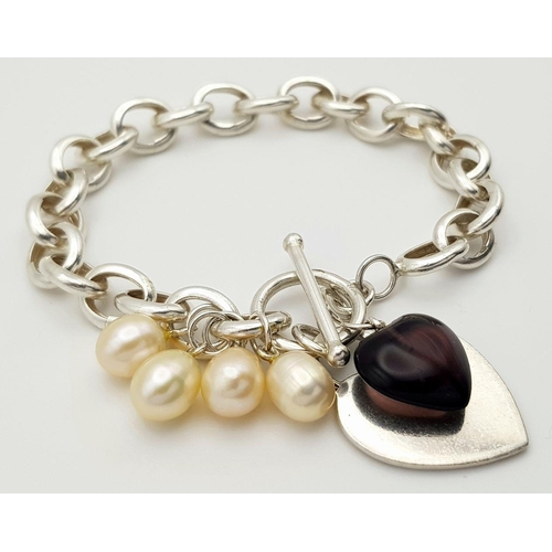 1957 - An attractive Solid Silver 925 Chunky Bracelet, T Bar Heart Tag and Pearls, 29.6 grams, 20 cm. In ex... 