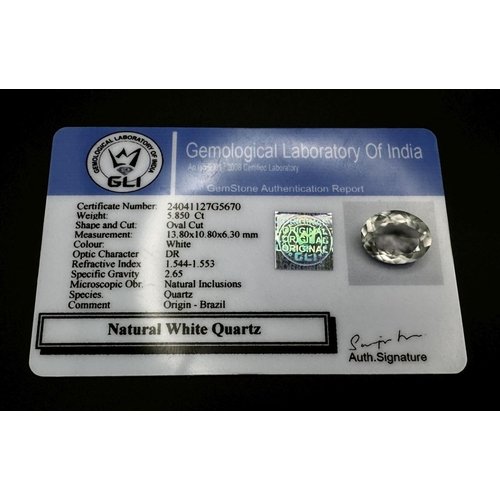 849 - A 5.85 Ct Natural Brazilian White Quartz, Oval Faceted Shape. Comes with the GLI Certificate.

ref: ... 