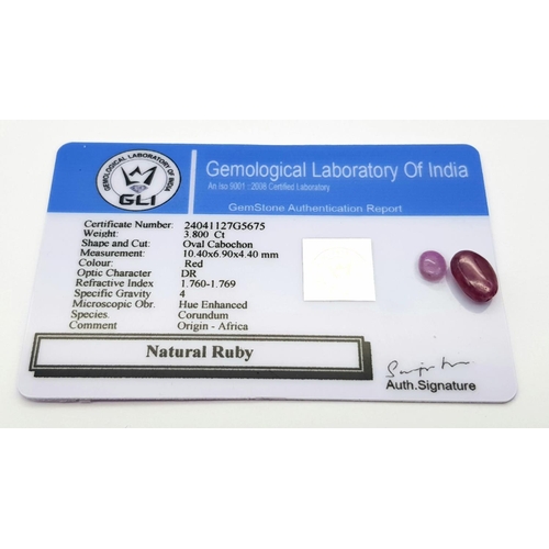 863 - A 3.8ct Natural African Ruby, in the the Oval Cabochon shape, Hue enhanced. Comes with the GLI certi... 