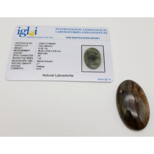 891 - A 61.80ct Labradorite Cabochon.  IGL&I Certified.