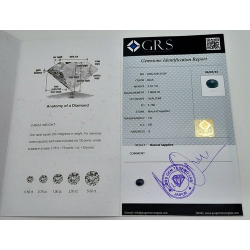 905 - Three Blue Sapphire Gemstones - GRS Lab Certified, to include (1) A 3.12ct Untreated Oval Blue Sapph... 