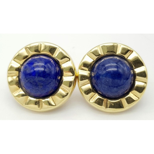 380 - A Pair of 14K Yellow Gold and Lapis Lazuli Earrings. Lapis cabochons on circular gold platforms. 22m... 