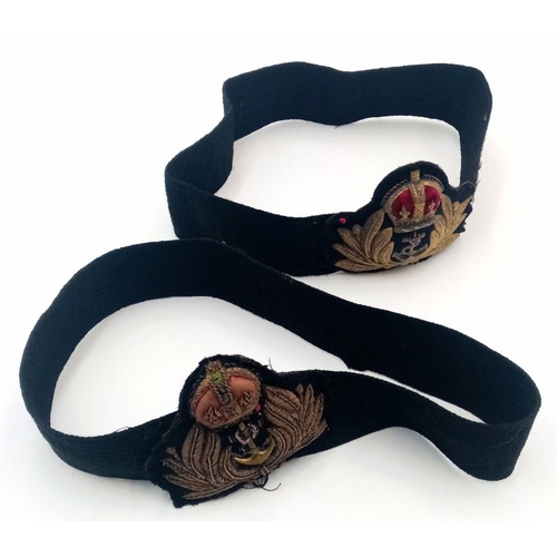 882 - Two Vintage Royal Navy Officers Gilded Cap Badges with Original Hat Bands. One needs restitching.