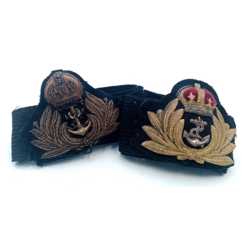 882 - Two Vintage Royal Navy Officers Gilded Cap Badges with Original Hat Bands. One needs restitching.