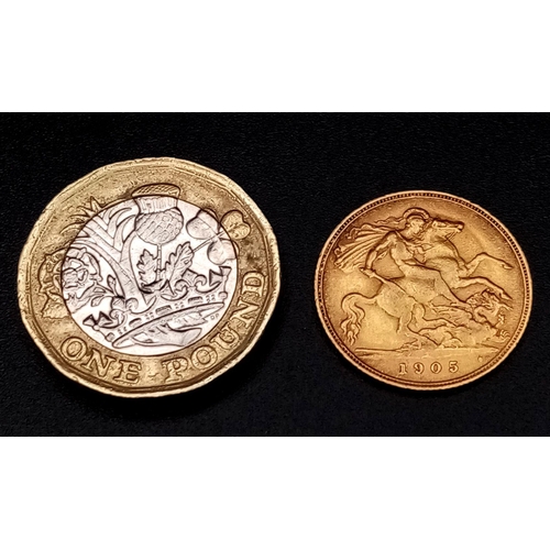 107 - A 1905 Edward VII 22K Gold Half Sovereign.