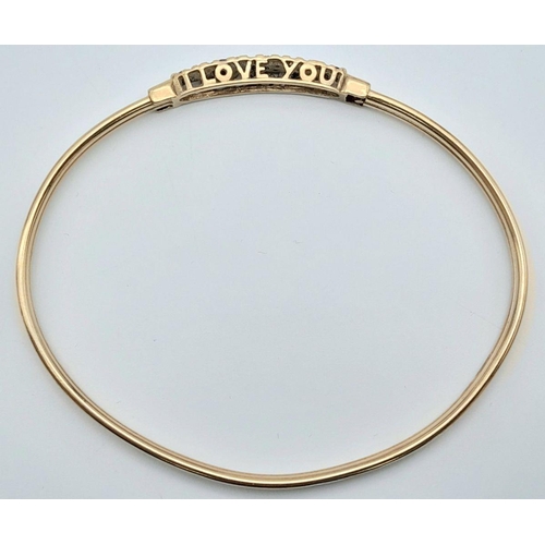 12 - A Fancy 9K Yellow Gold Sapphire and Diamond Bangle. Decorative 'I Love You Always' Message. 6.5cm in... 