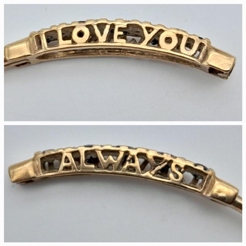 12 - A Fancy 9K Yellow Gold Sapphire and Diamond Bangle. Decorative 'I Love You Always' Message. 6.5cm in... 