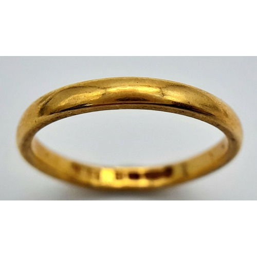 127 - A 22K Yellow Gold Band Ring. 2mm width. Size K. 2.57g.