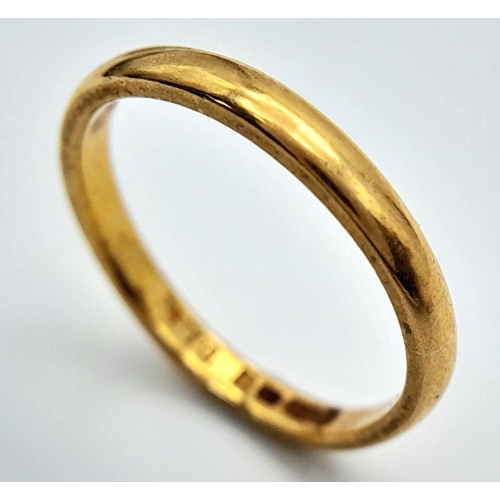 127 - A 22K Yellow Gold Band Ring. 2mm width. Size K. 2.57g.