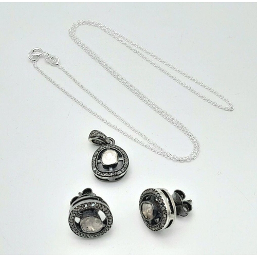 28 - A Pair of Old Cut Diamond Stud Earrings and Pendant  - Set in 925 Silver. Comes with a silver disapp... 