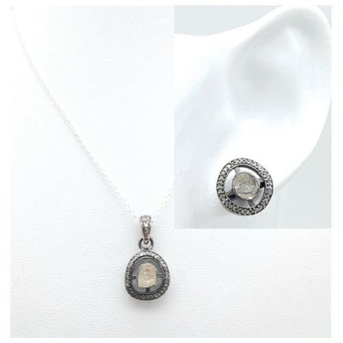 28 - A Pair of Old Cut Diamond Stud Earrings and Pendant  - Set in 925 Silver. Comes with a silver disapp... 