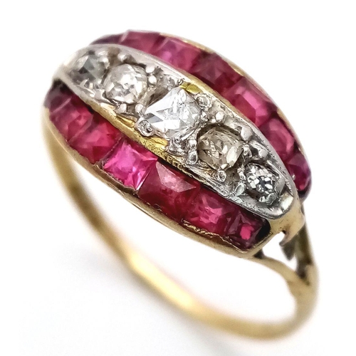 36 - An Antique 18K Yellow Gold (tested) Ruby and Diamond Ring. Rose cut diamonds and square cut rubies. ... 