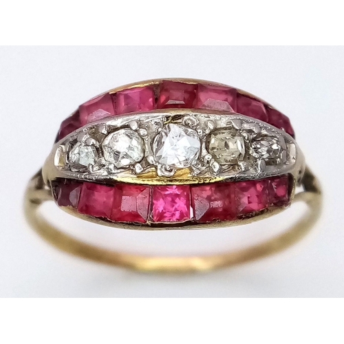 36 - An Antique 18K Yellow Gold (tested) Ruby and Diamond Ring. Rose cut diamonds and square cut rubies. ... 