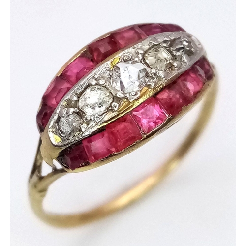 36 - An Antique 18K Yellow Gold (tested) Ruby and Diamond Ring. Rose cut diamonds and square cut rubies. ... 