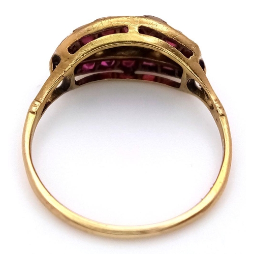 36 - An Antique 18K Yellow Gold (tested) Ruby and Diamond Ring. Rose cut diamonds and square cut rubies. ... 