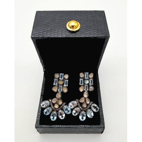 49 - A Pair of Blue Topaz and Diamond Drop Earrings with 0.30ctw of Rose cut diamonds,1.90ctw of Polki Di... 