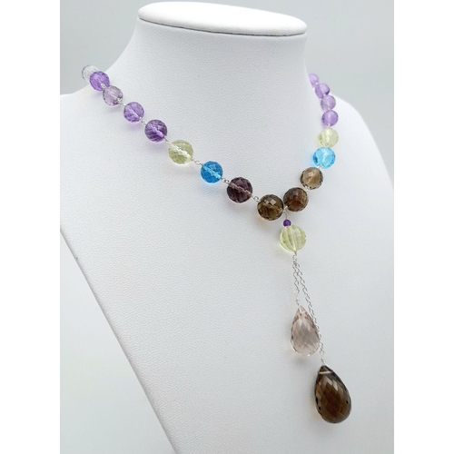 54 - An Amethyst, Citrine and Smoky Quartz Drop Necklace - Set in 925 Silver. 7cm drop. 54cm necklace len... 