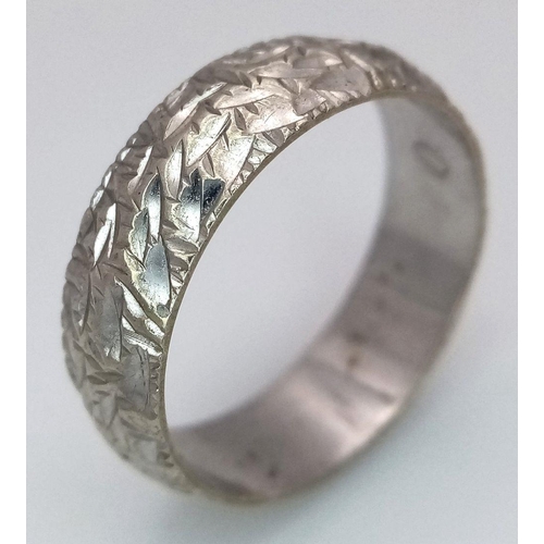 72 - A Vintage 9K White Gold Band Ring. 5mm width. Size O. 3.75g.