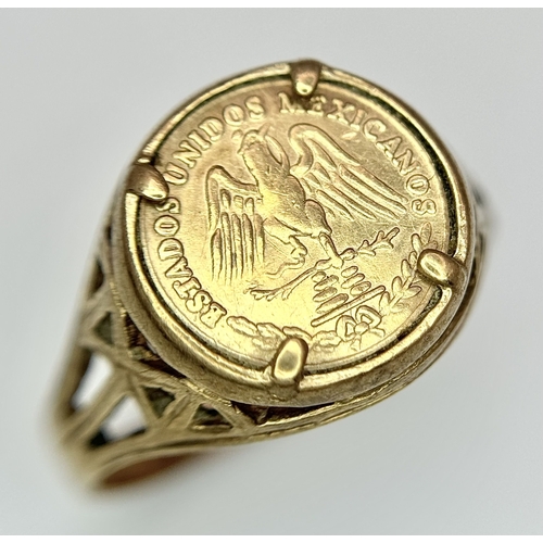 106 - A 9K Yellow Gold Mexican Coin Signet Ring. Size N. 2.58g.