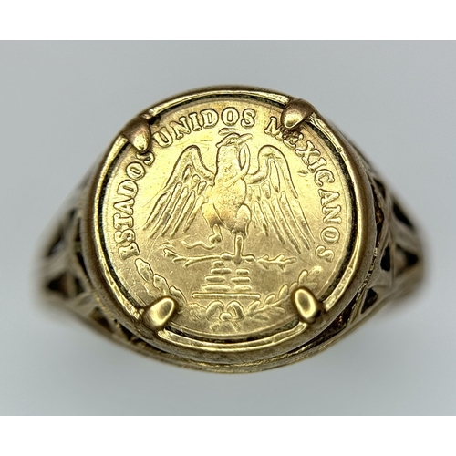 106 - A 9K Yellow Gold Mexican Coin Signet Ring. Size N. 2.58g.