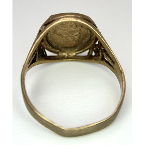 106 - A 9K Yellow Gold Mexican Coin Signet Ring. Size N. 2.58g.