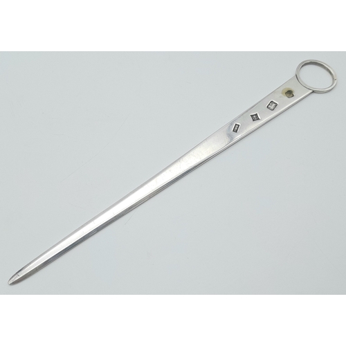 93 - A Vintage 1960s Sterling Silver Letter Opener. Hallmarks for Birmingham 1962. 22cm. 63g