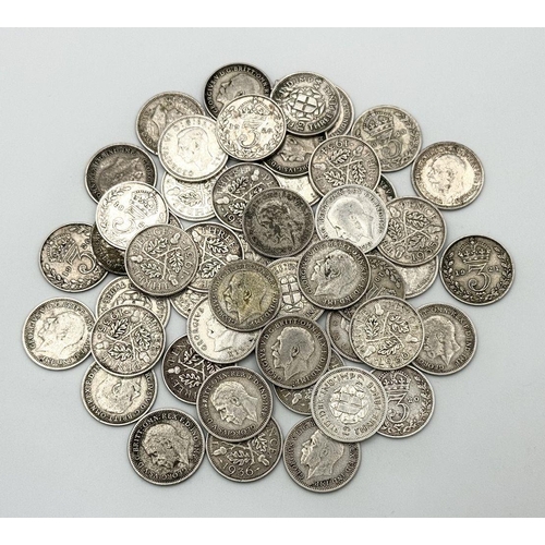 33 - 54 Pre 1947 Three Pence Silver Coins. Different grades. Please see photos for finer details. 72.5g