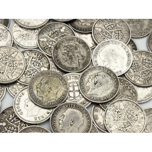 33 - 54 Pre 1947 Three Pence Silver Coins. Different grades. Please see photos for finer details. 72.5g