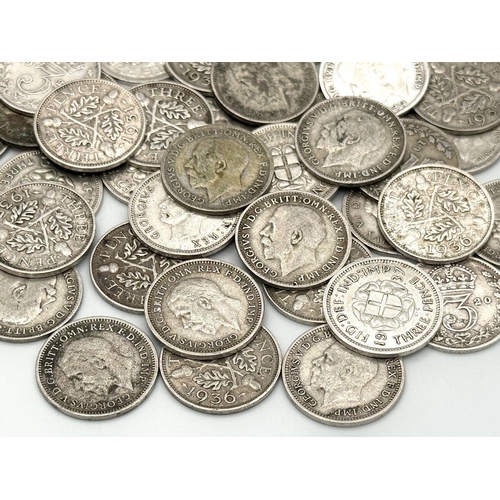 33 - 54 Pre 1947 Three Pence Silver Coins. Different grades. Please see photos for finer details. 72.5g