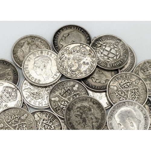 33 - 54 Pre 1947 Three Pence Silver Coins. Different grades. Please see photos for finer details. 72.5g