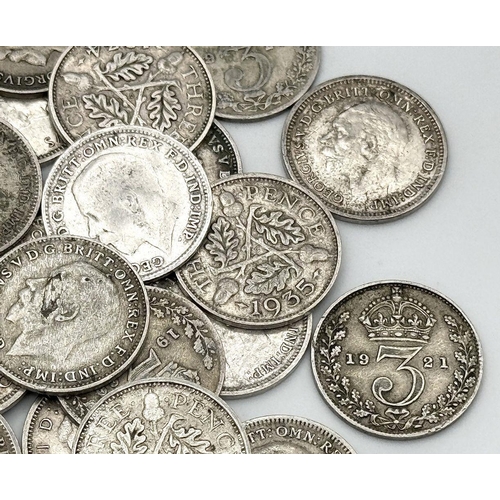 33 - 54 Pre 1947 Three Pence Silver Coins. Different grades. Please see photos for finer details. 72.5g