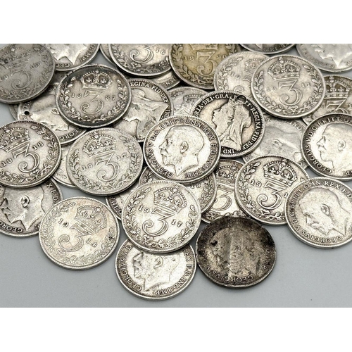 47 - 47 Pre 1920 Three Pence Silver Coins. Different grades - please see photos. 65g