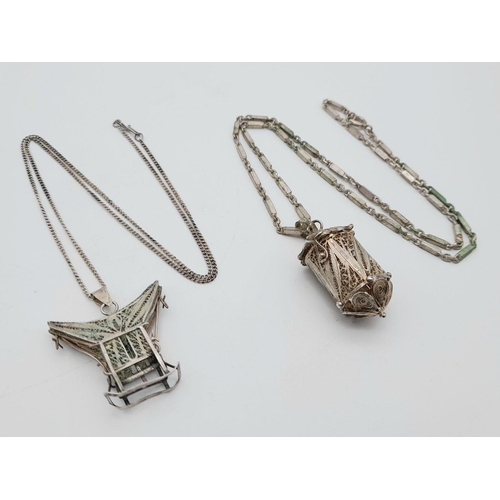 540 - Two Vintage Silver filigree Necklaces with Hanging Asian Themed Pendants. Intricate pierced and fili... 