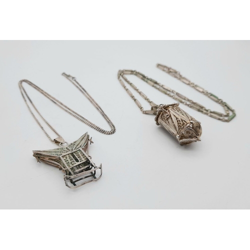 540 - Two Vintage Silver filigree Necklaces with Hanging Asian Themed Pendants. Intricate pierced and fili... 