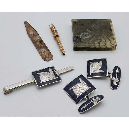 846 - An Eclectic Mix of vintage Items, brooch and cufflinks set, hallmarked silver nail manicure etc