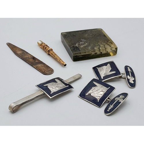 846 - An Eclectic Mix of vintage Items, brooch and cufflinks set, hallmarked silver nail manicure etc